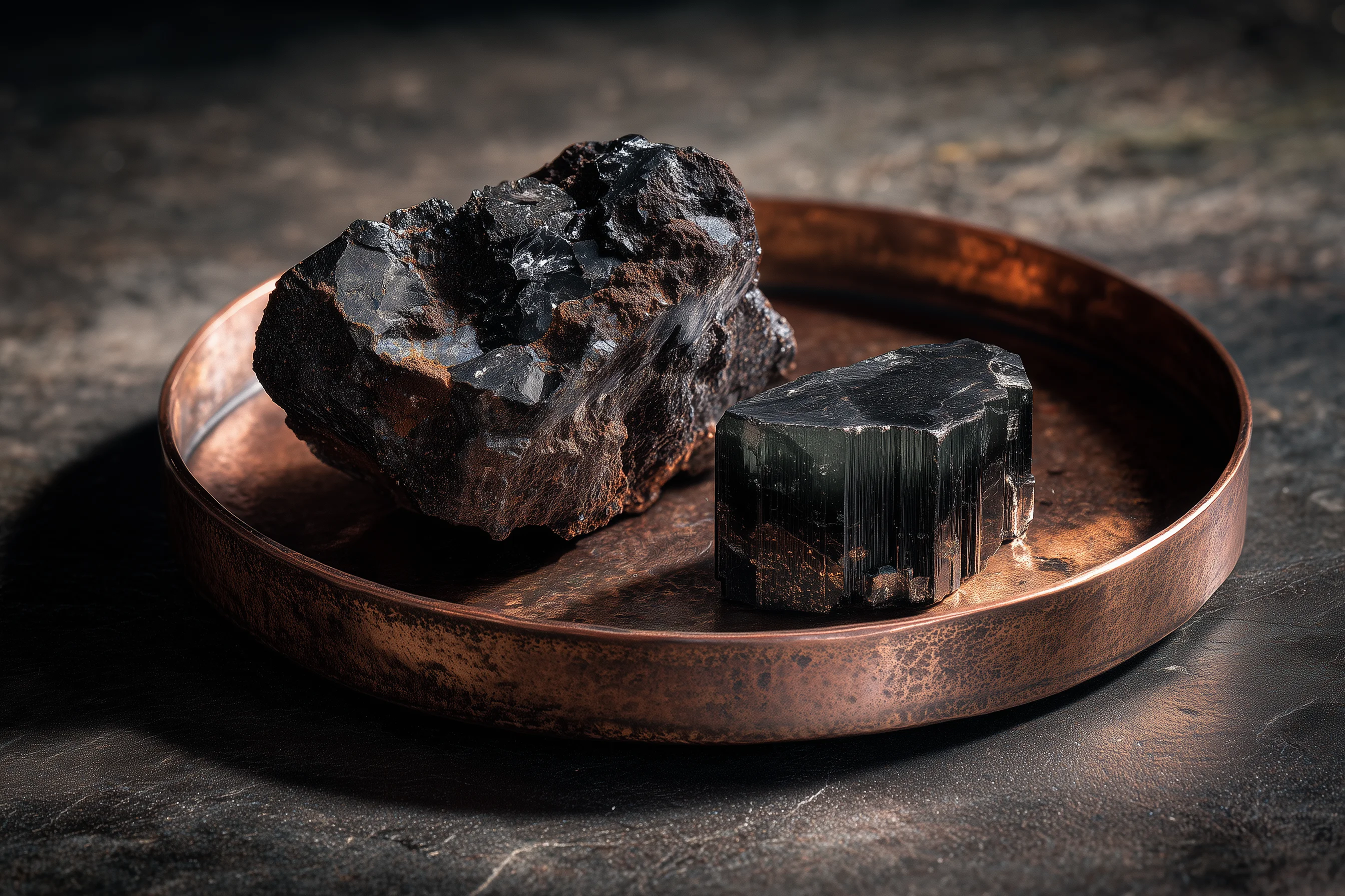 Obsidian stones on a copper tray