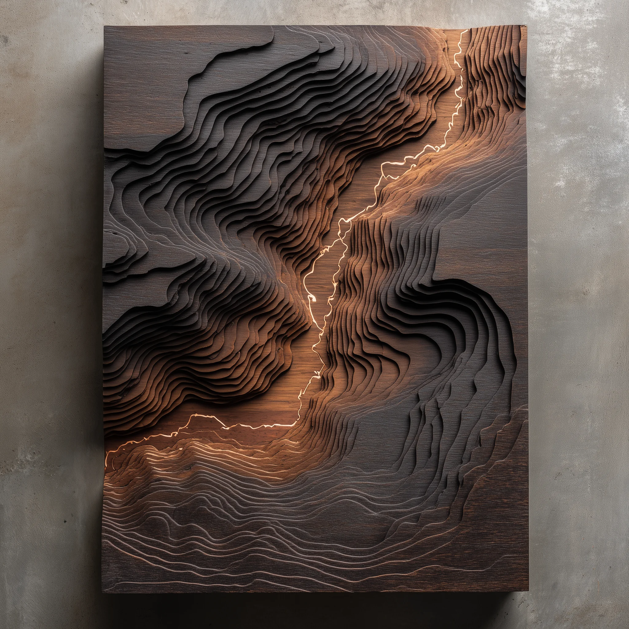 Carved walnut topographic relief map with copper wire river
